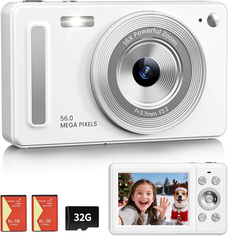WONNIE كاميرا رقمية، كاميرا تصوير فوري FHD 1080P مع بطاقة SD سعة 32GB، 2 بطاريات، زوم 16X، مضادة للاهتزاز، تصميم صغير مدمج للأطفال والمراهقين والطلاب والفتيات والفتيان (أبيض) - Image 1